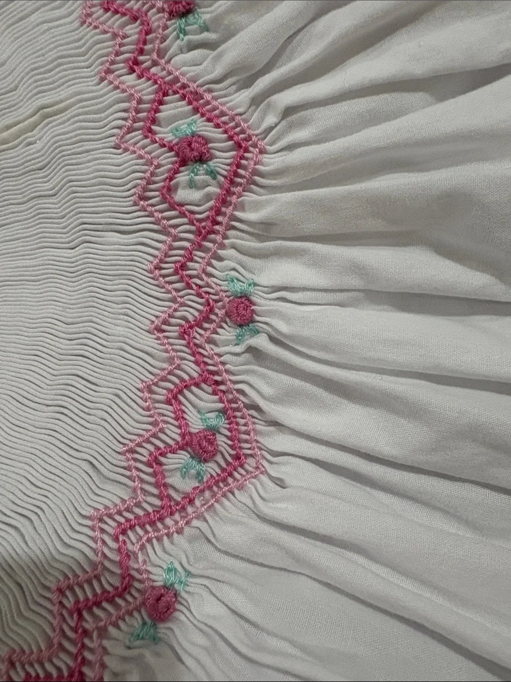 Cecil and Lou White Smocked Long-Sleeve Kids  Top with Pink Detail